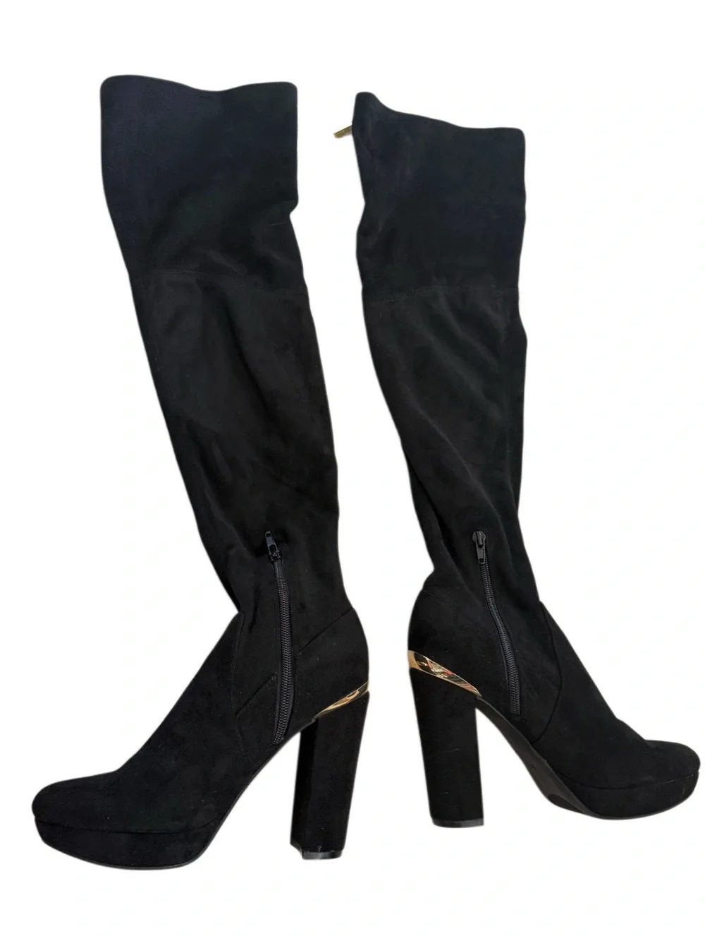 Guess Black Over-the-Knee Platform Block Heel Boots with Gold Trim Size 6